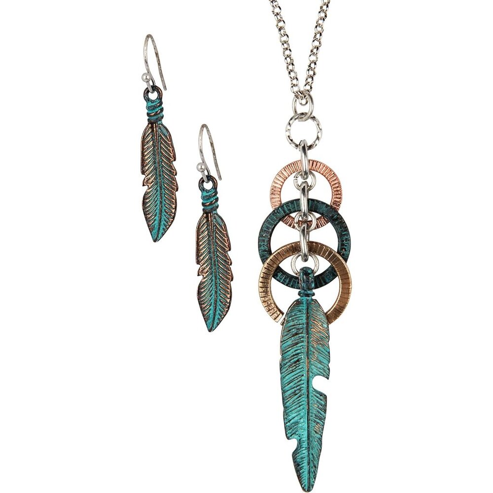 Boho Long Necklace With 3 Circle Rings & Matching Earrings - Women's Jewelry